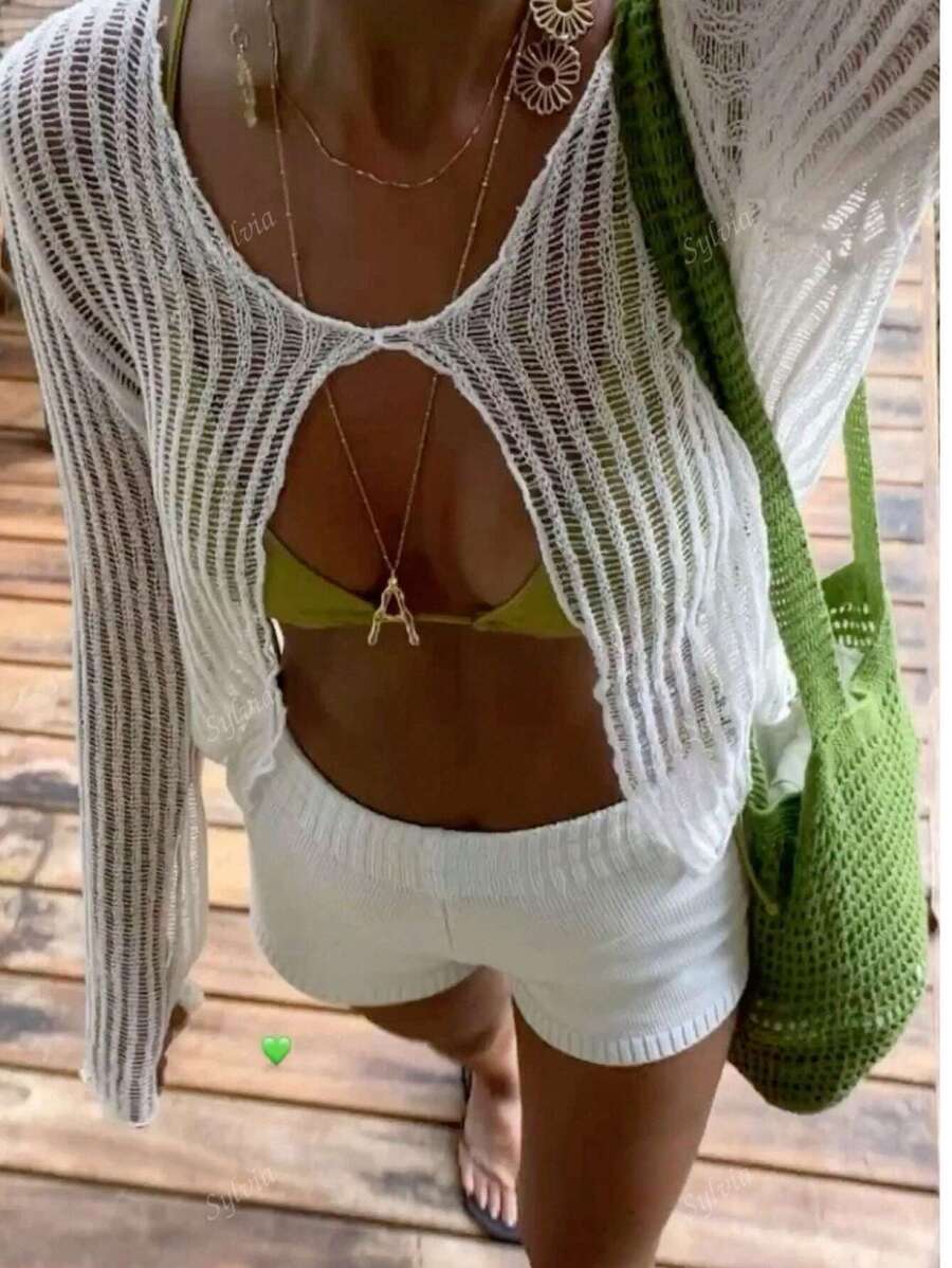 Women's Casual Solid Color Hollow Out Knit Cardigan