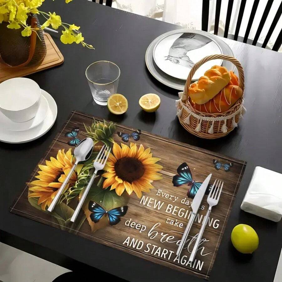 6 stuks, 4 stuks Zonnebloempatroon Tafelgerei Placemats, Onderzetters, Tafelmatten, Keukentafel Tafelgerei Placemats, Maat 12 * 18 Inch, Geweven Van 100% Polyestervezel, Geschikt Voor Keuken Eettafels, Feestdecoratie Placemats, Huisdecoratie, Ideale Cadeaudecoratie