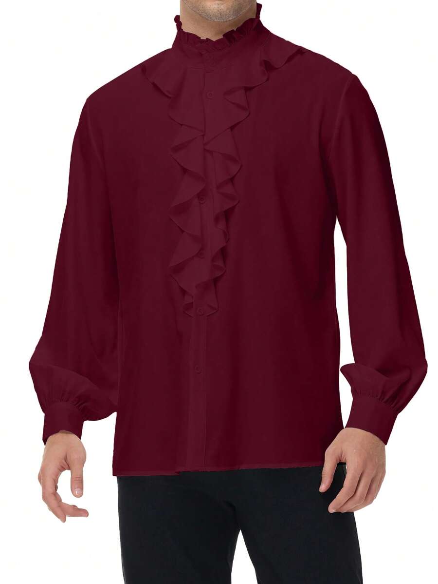 Men's Medieval Ruffle Collar Long Sleeve Shirt, Holiday Costume
