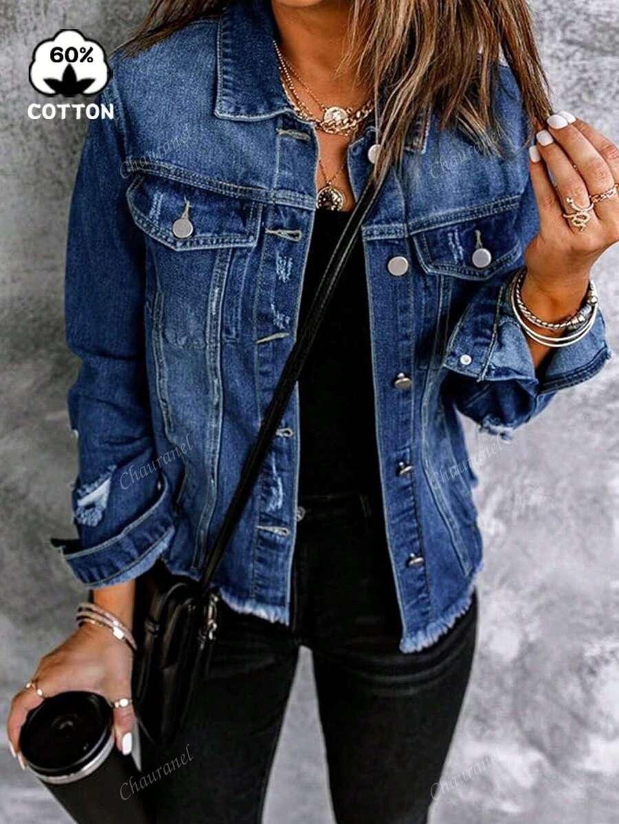 Women's Plain Simple Distressed Washed Denim Jacket, Suitable For Autumn