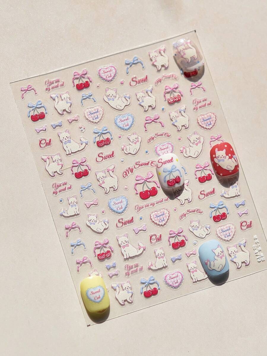 1 Sheet 5D Embossed Self-Adhesive Nail Art Stickers, Cute Bow, Strawberry, Cherry, Cat, Flower Patterns, Glitter, Odorless, Plastic Material For Hands & Feet Nail Art DIY, Decorative For Daily Use, Phone Cases, Diaries, Loved By Women & Girls