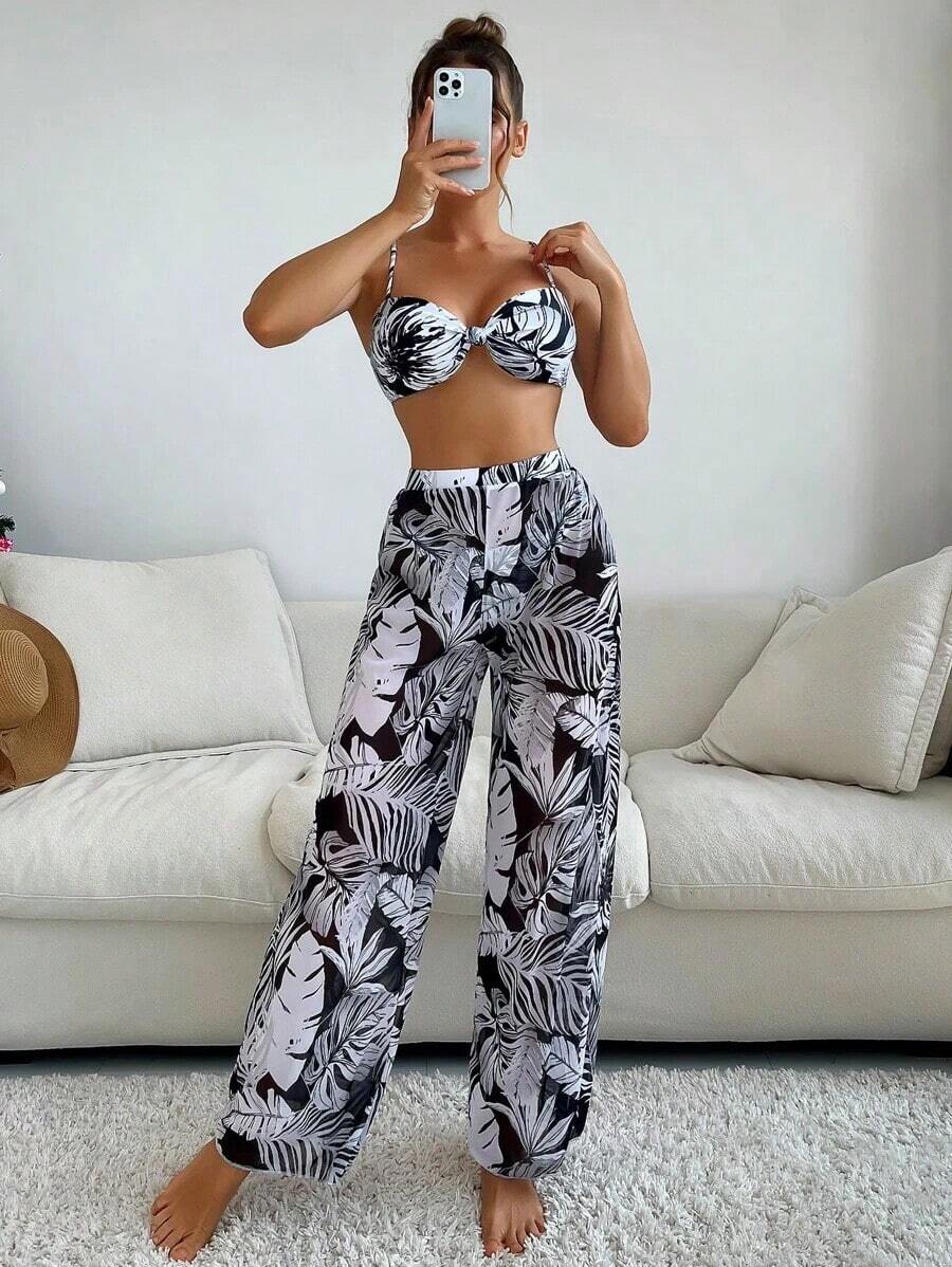 Tropical Print High Slit 3 Piece Bikini Set Summer Beach Cover Up