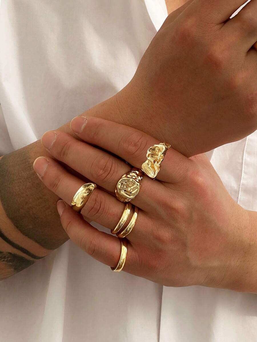5pcs Minimalist Geometric Liquid Metal Rings Set, Adjustable Fashionable Punk Jewelry For Men