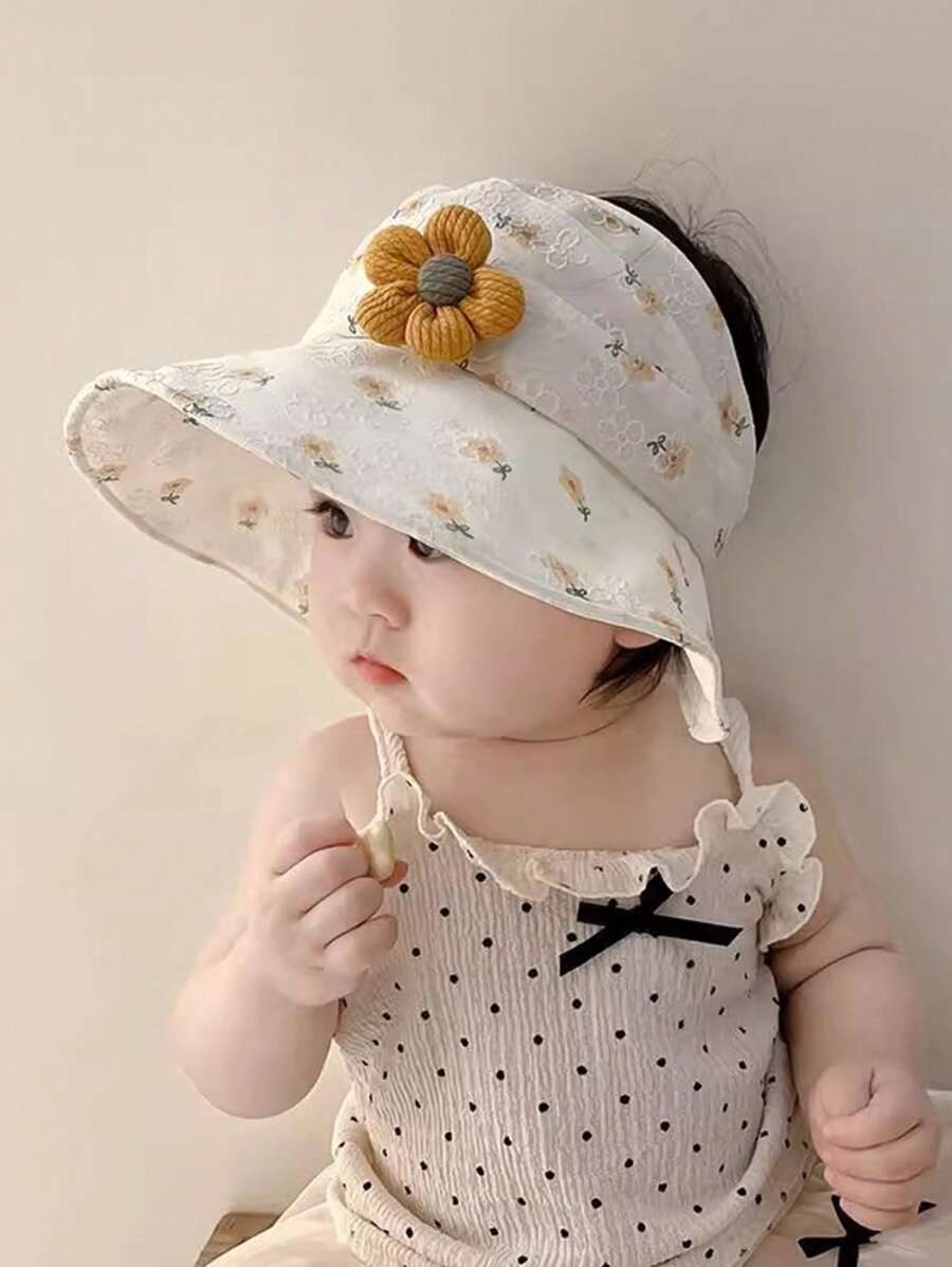 1pc Baby Sun Hat, Girls' Large Brim Sweet Sunscreen Cap, Summer Children Sun Protection Hat