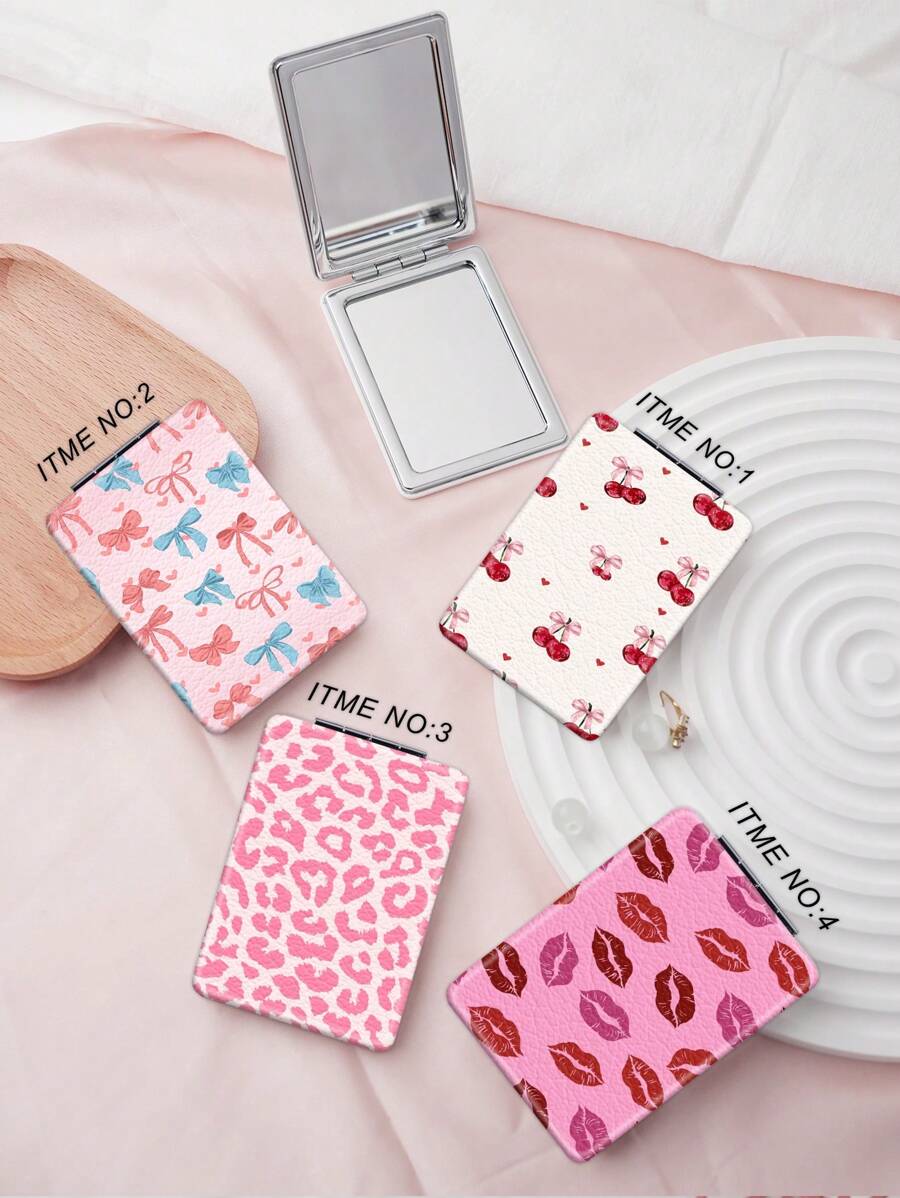 Miroir de vanité portable de la série Nœud de cerise, pliable, ultra-fin, pratique, étui en PU, plaqué métal inoxydable, convient pour toutes les occasions et personnes, miroir de poche carré pliable