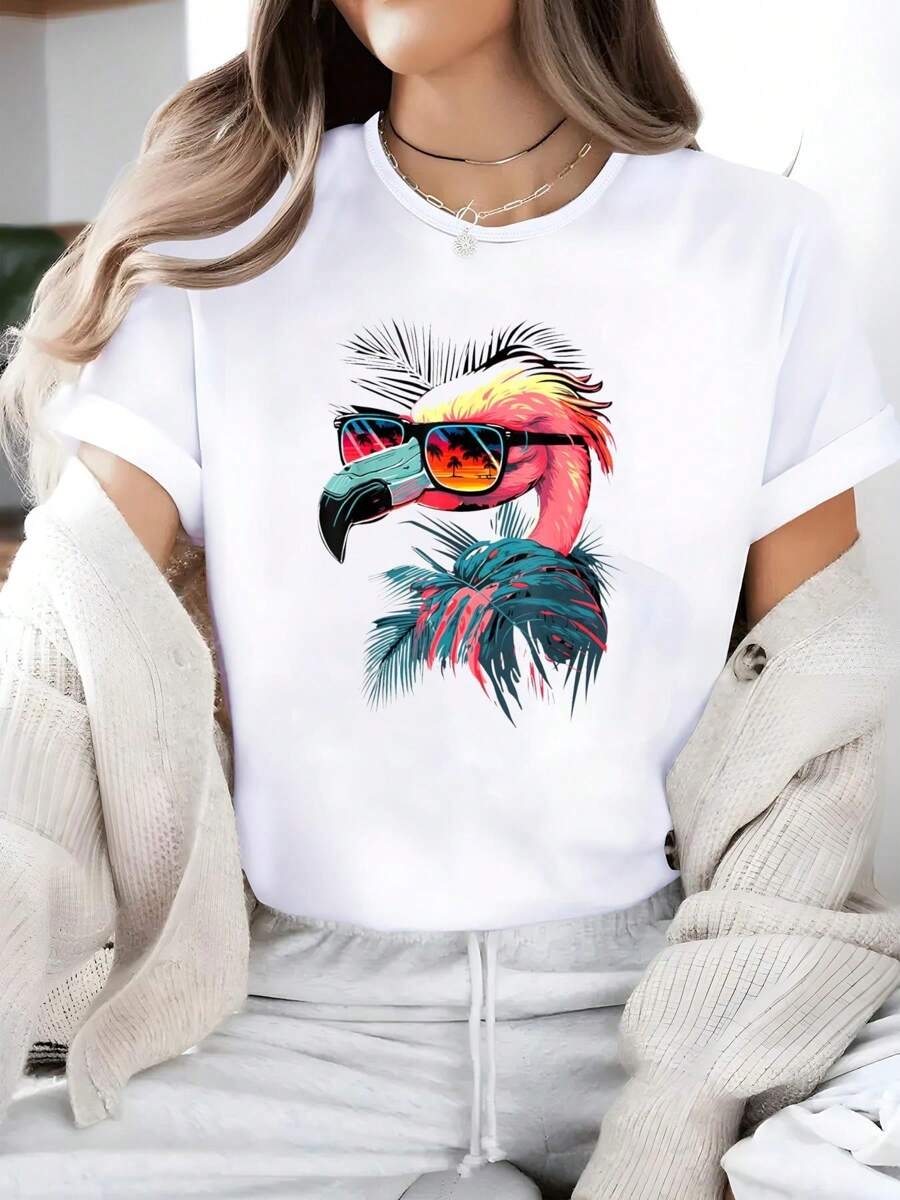 Retro Flamingo Womens Mens Kids Funny Flamingo T-Shirt, Printed Casual Crew Neck T-Shirt For Women - Summer & Spring Short Sleeve, Breathable 100% Cotton Top