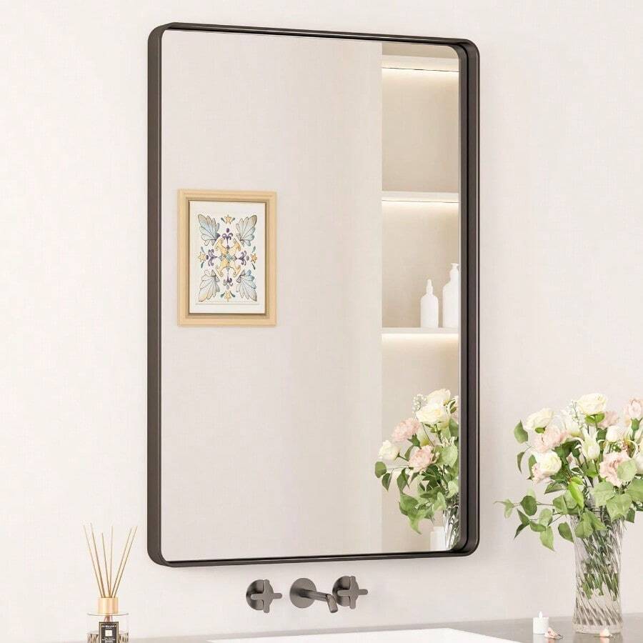 Keonjinn Black Bathroom Mirror For Vanity 24 X 36 Inch Metal Framed Wall Mirror Matte Black Rounded Rectangle Farmhouse Mirror HD Tempered Glass Wall-Mounted Decorative Mirror Horizontal Vertical Home Bathroom Decor