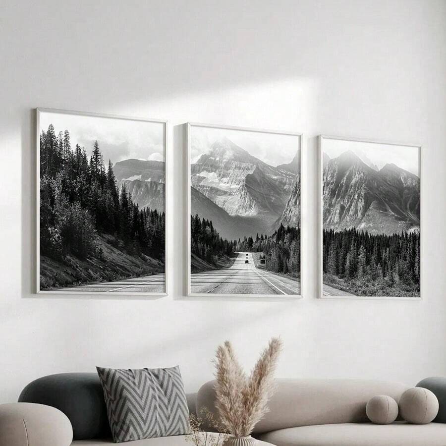 Set Of 3 Black And White Mountain Prints, Nature Wall Arts, Forest Prints, Canvas Posters, Modern Wall Decor, Spring Decor, Indoor Decor, Artwork For Living Room, Bedroom, Home Office, Kitchen, Bar, Cafe, Hallway, Home And Room Decoration, Unframed Gifts Birthday Graduation