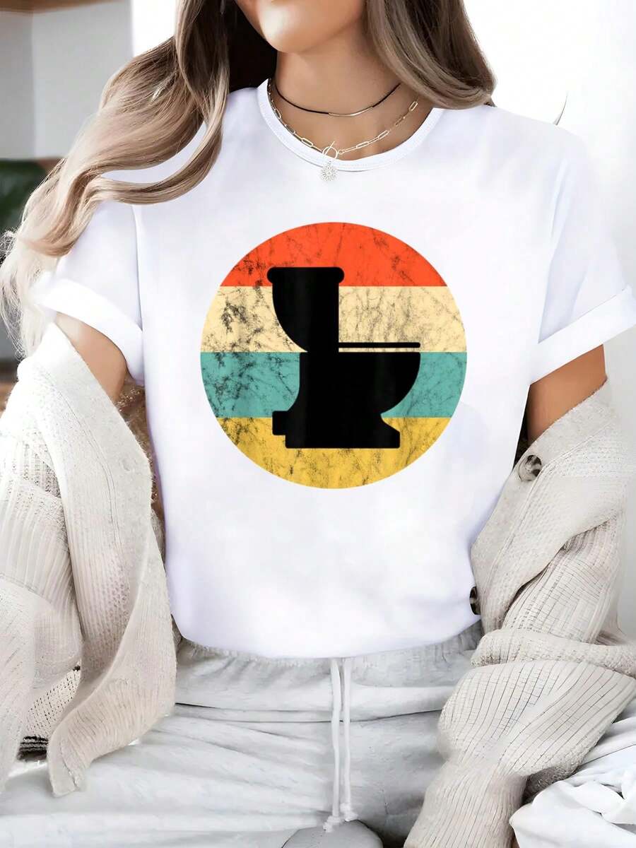 Plumber Toilet Bowl Pipefitter Plumbing Contractor Sunset T-Shirt, Printed Casual Crew Neck T-Shirt For Women - Summer & Spring Short Sleeve, Breathable 100% Cotton Top