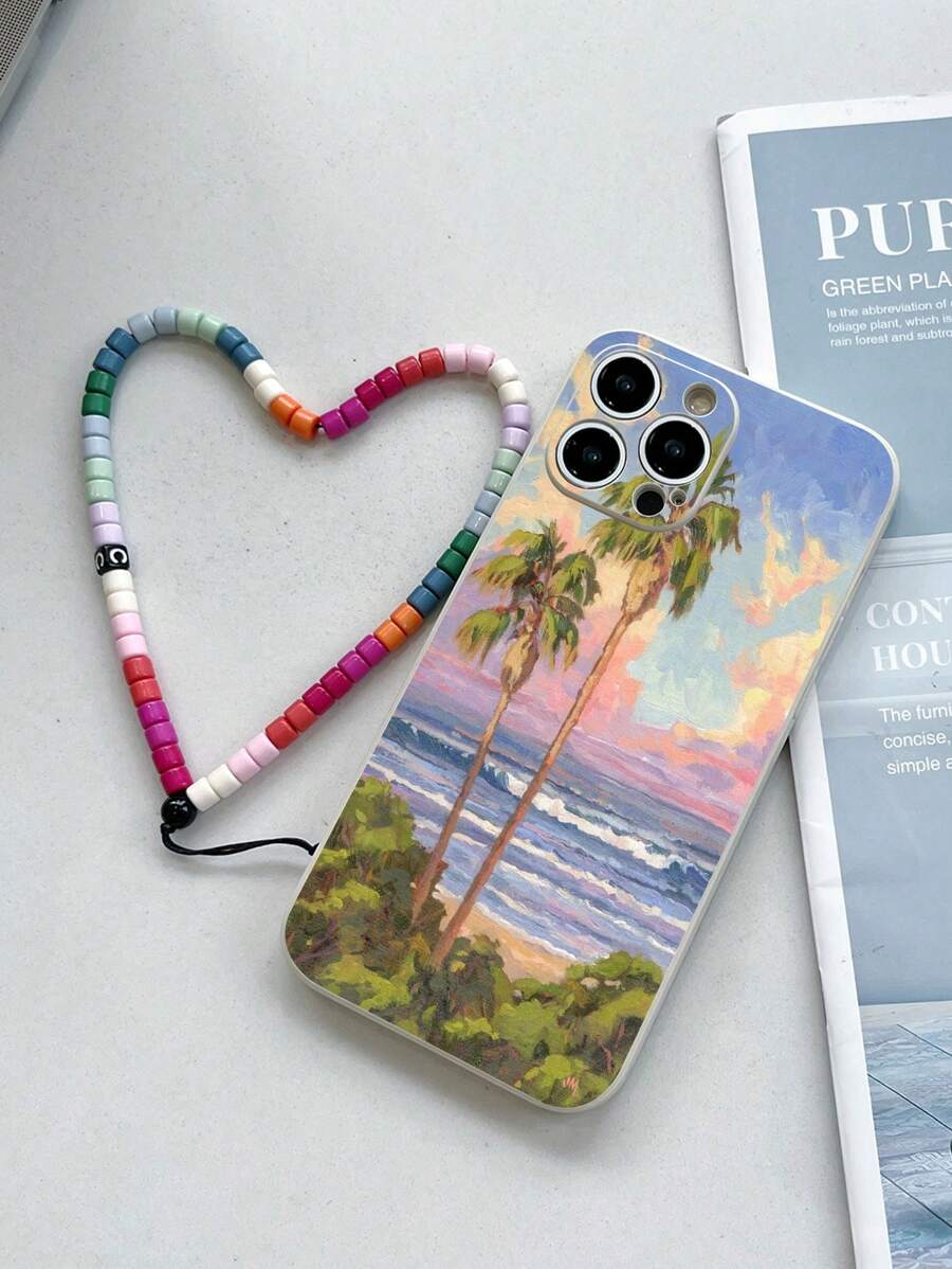 1 pieza Funda de teléfono antideslizante con pintura de olas de playa en TPU blanco y 1 pieza Correa de muñeca con cuentas de colores, compatible con iPhone/Fundas de teléfono a juego/Fundas de teléfono con cordón/Fundas de teléfono con pulsera/Fundas de teléfono divertidas/Fundas de teléfono Android///OPPO/Galaxy A51 4G/Galaxy A52/A52s 5G