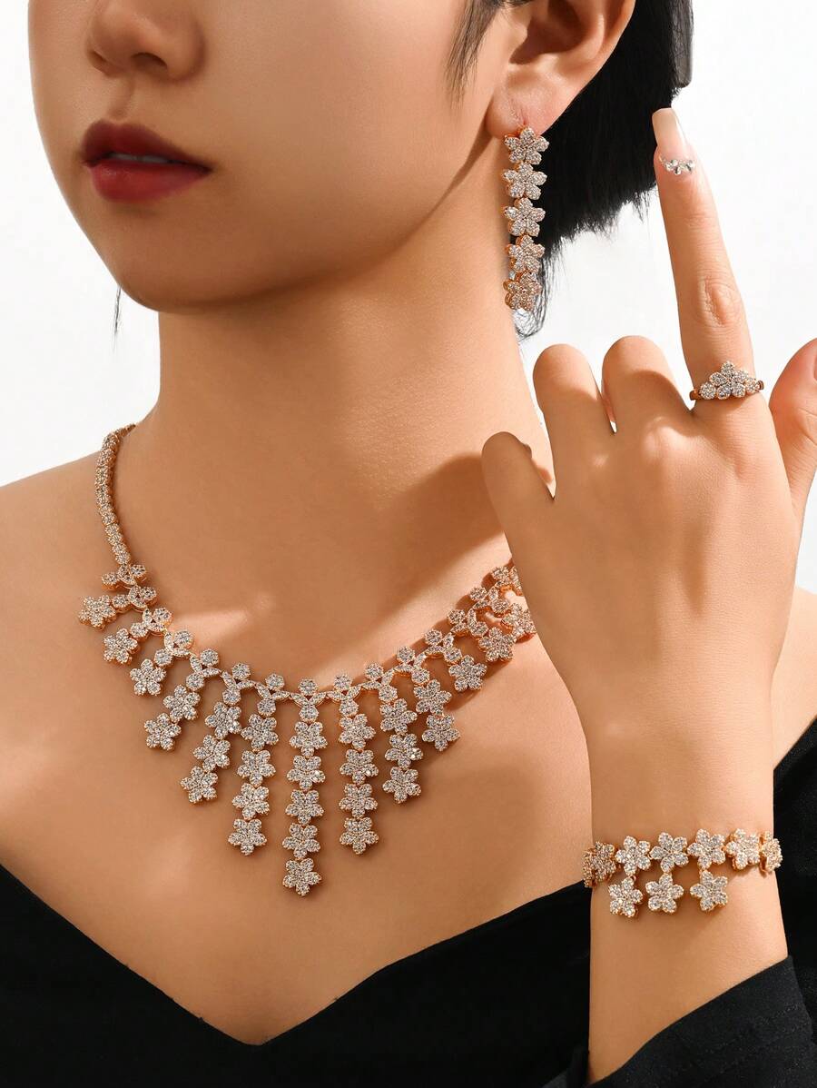 4pcs Exaggerated & Elegant Water Drop Flower Tassel Design Copper Cubic Zirconia Jewelry Set: Necklace, Earrings, Ring, Bracelet, Suitable For Women Wedding & Evening Wear