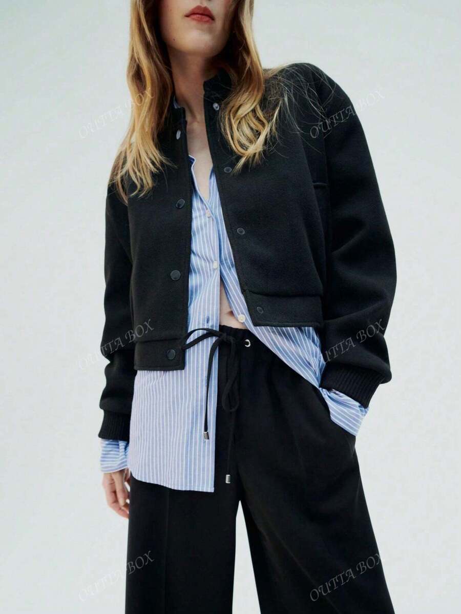OUTTA BOX Women's Spring/Autumn Long Sleeve Single-Breasted Casual Wool Blend Baseball Jacket