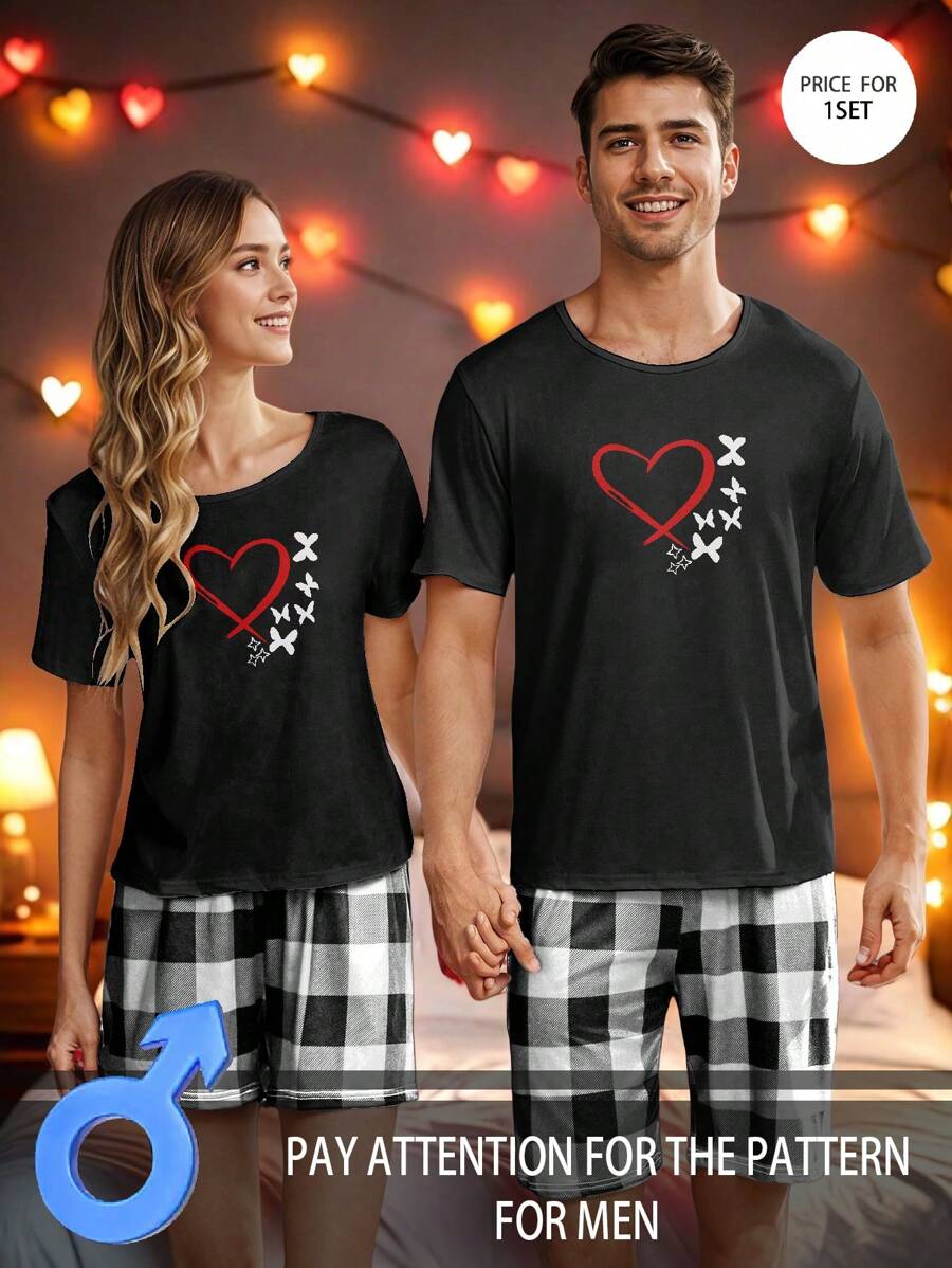 1 conjunto de pijama para hombres, que incluye 1 par de pantalones a cuadros en negro y blanco y 1 parte superior negra con estampado de "Amor y mariposa"