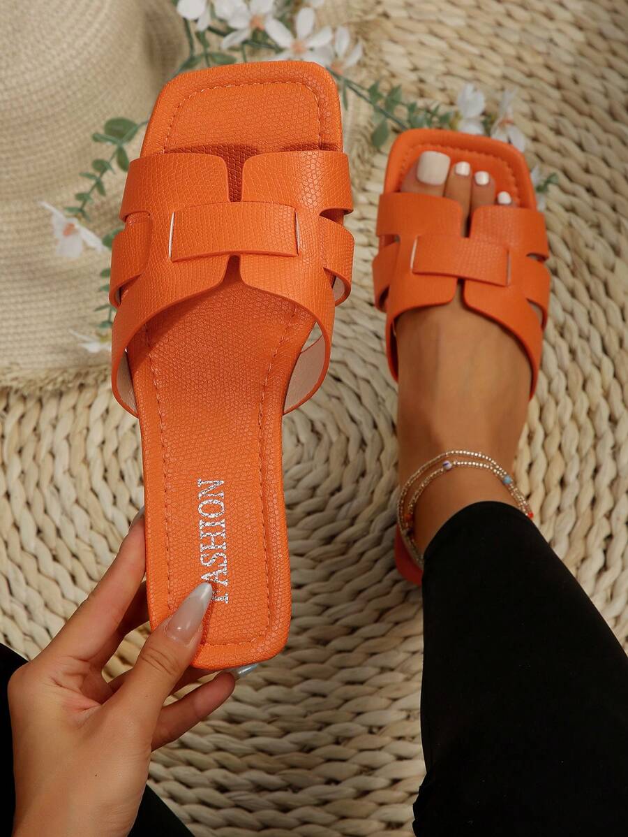 Women Snake Embossed Flat Sandals, Minimalist Style Summer Leather Flat Sandals