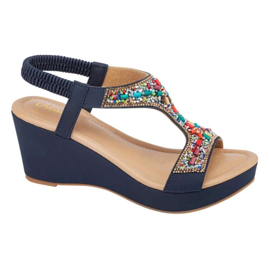 Sandalia Plataforma para Dama con brillos de colores en color Azul acabado Nobuck