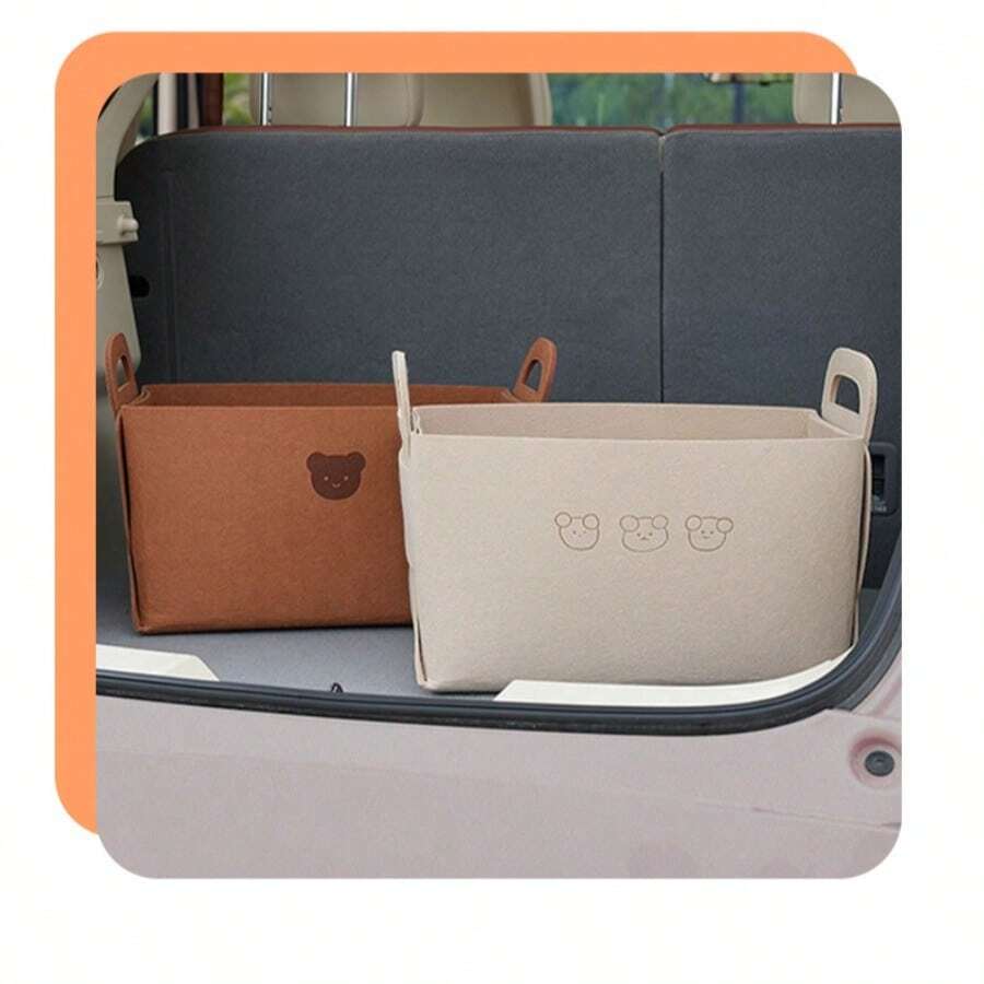 Foldable Car Trunk Storage Box, Cartoon Bear Design, Large Capacity Felt Storage Basket, Auto Organizer
