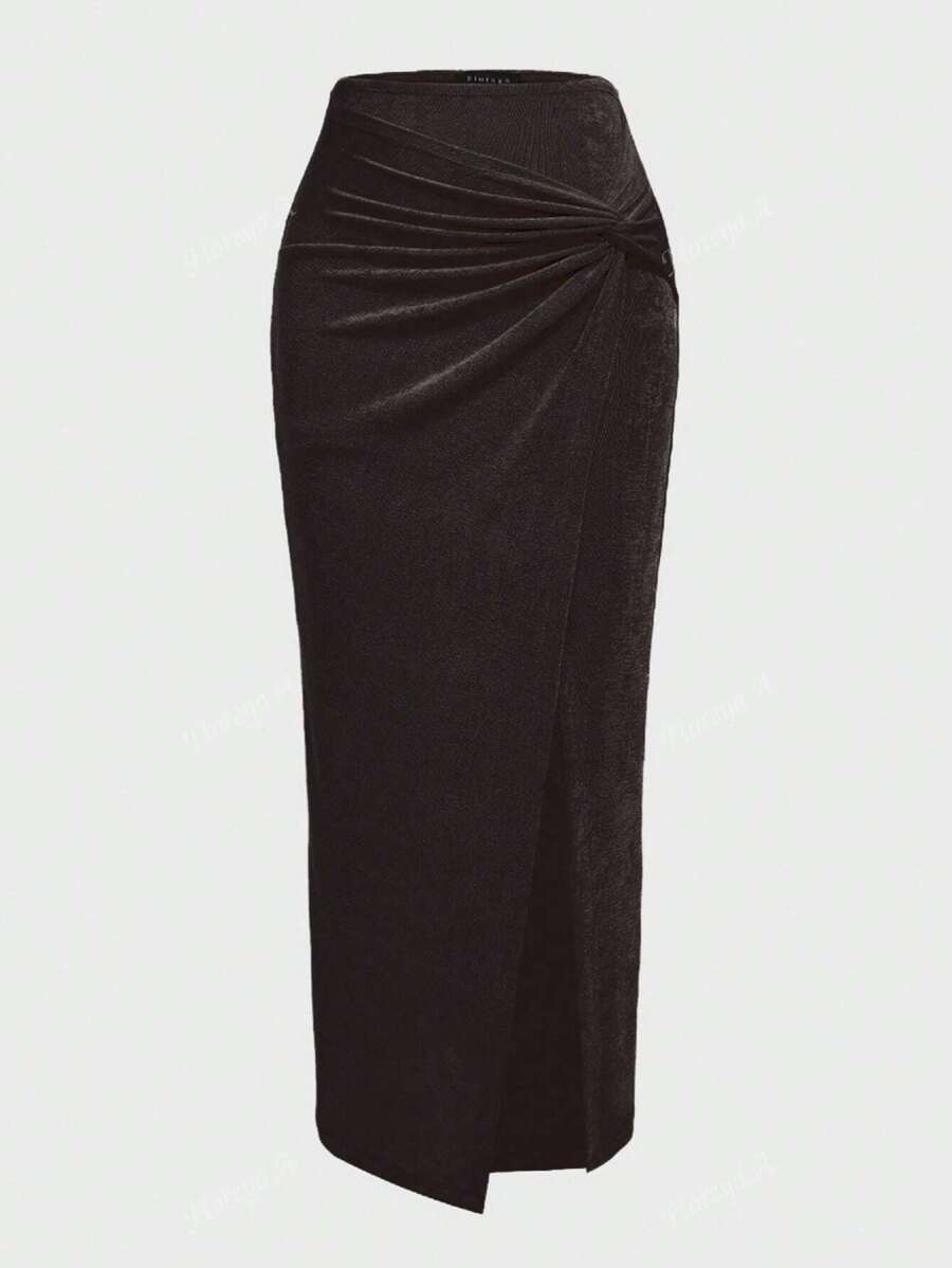 Falda midi ajustada Floreya con diseño de cintura arrugada y cruzada, acanalada, con abertura lateral y cintura ceñida, elegante