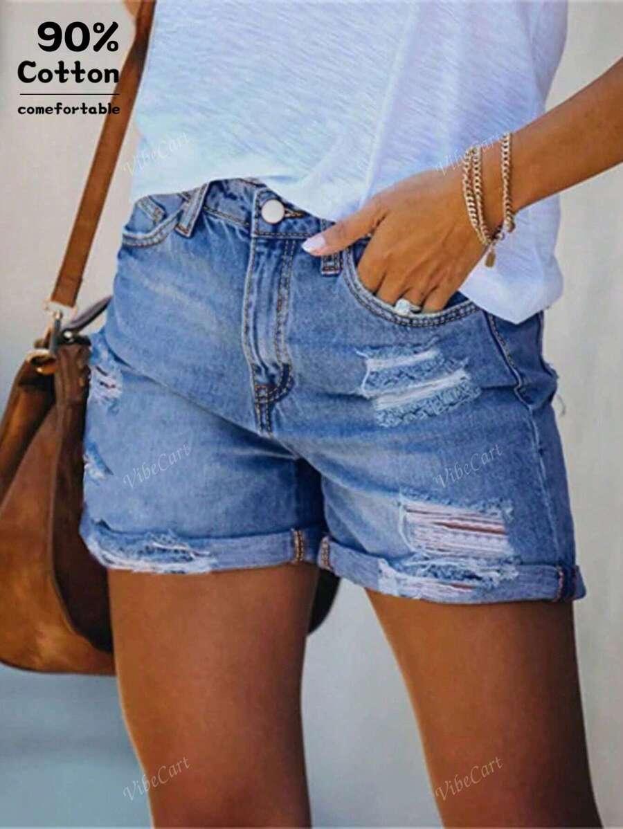 Shorts vaqueros casuales de mujer con efecto lavado y desgastado versátil a la moda