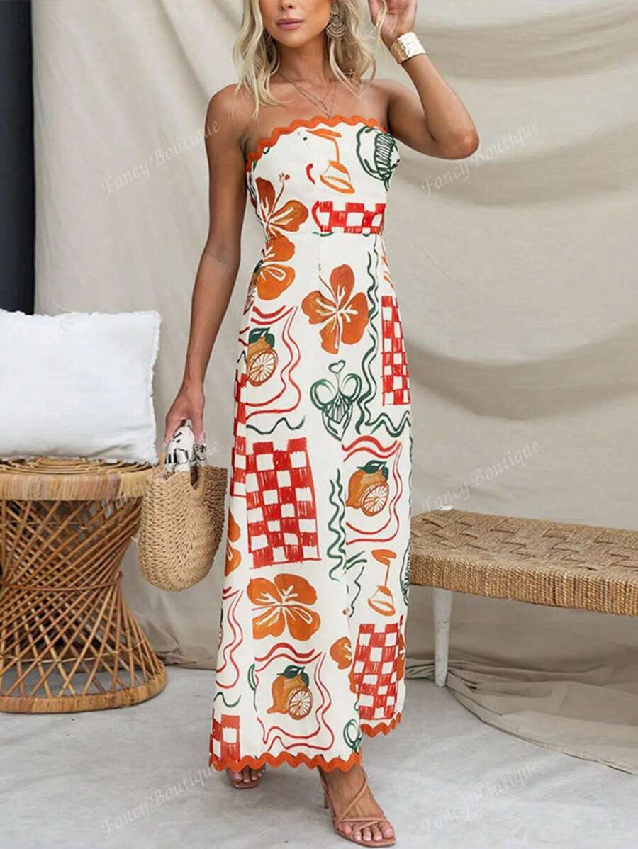 Women Plus Size Summer Dress, New Fashion French Style, Strapless, Floral, Wavy, Contrast Color, Plaid, Graffiti Decor, Beach Style, Back To School, Fruit, Lemon, Flower, American Style Dress, Tropical Resort, Waist Cinched, Allover Print, Teacher Outfit, Vacation, 70s Style, Commuting, Minimalist, Office Wear, Vintage, Simple, French, Casual, Retro, Sleeveless, Suitable For Outdoor