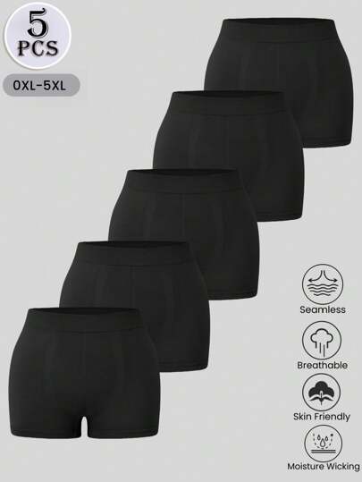 5pcs Plus Size Women Minimalist Solid Color Seamless Stretch Briefs, Comfortable Breathable Boxer Shorts