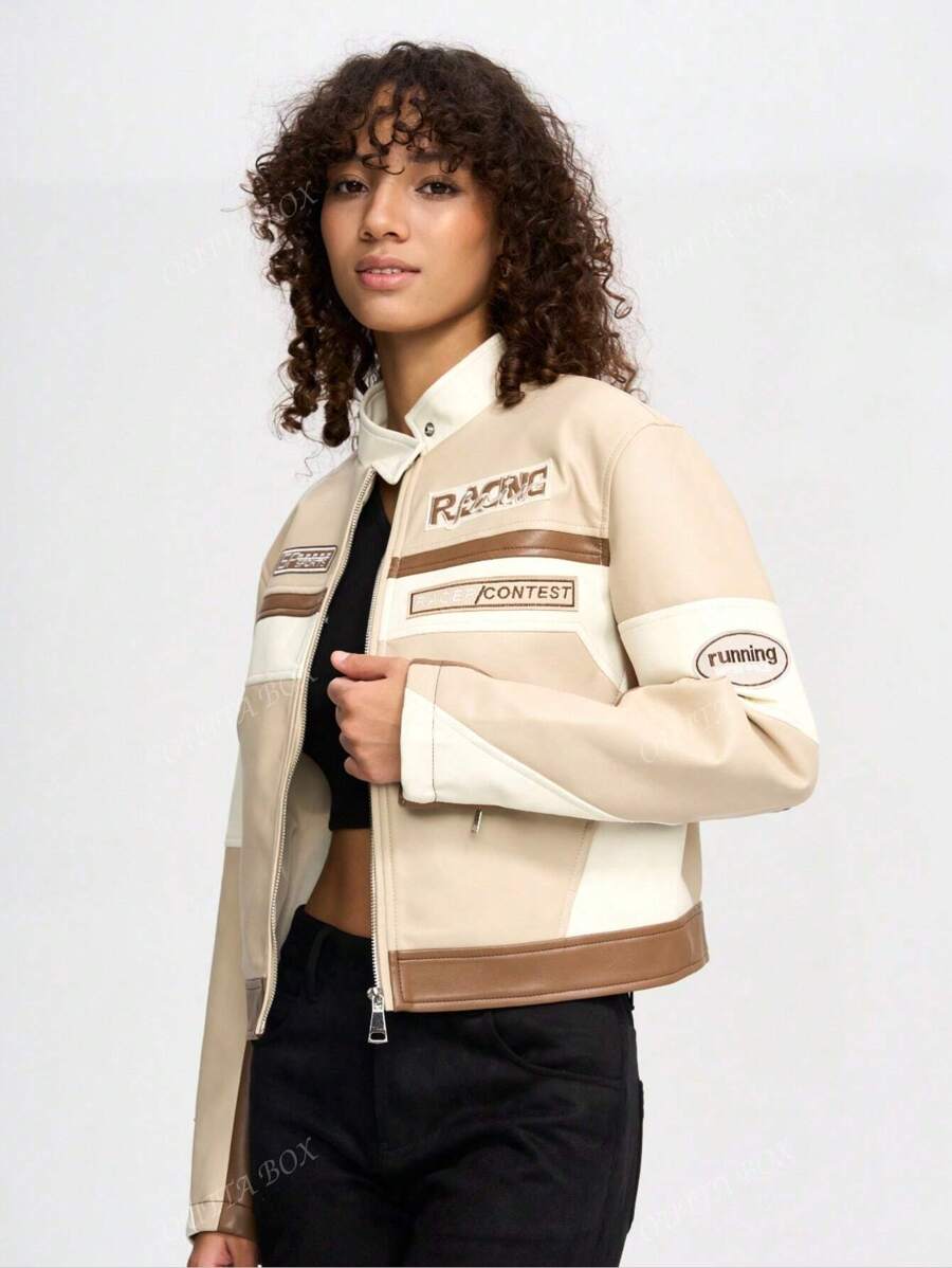 OUTTA BOX Women's Long Sleeve Zip Up Collared Patchwork Letter Embroidery PU Motorcycle Jacket