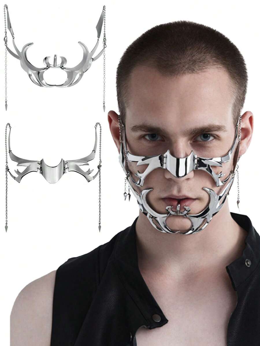 2 piezas Máscara de media cara estilo ciberpunk gótico, máscara punk para juego de roles, decoración de fiestas, joyería asimétrica de metal unisex, cadena de cara de acero líquido plateado para mujeres y hombres en Halloween