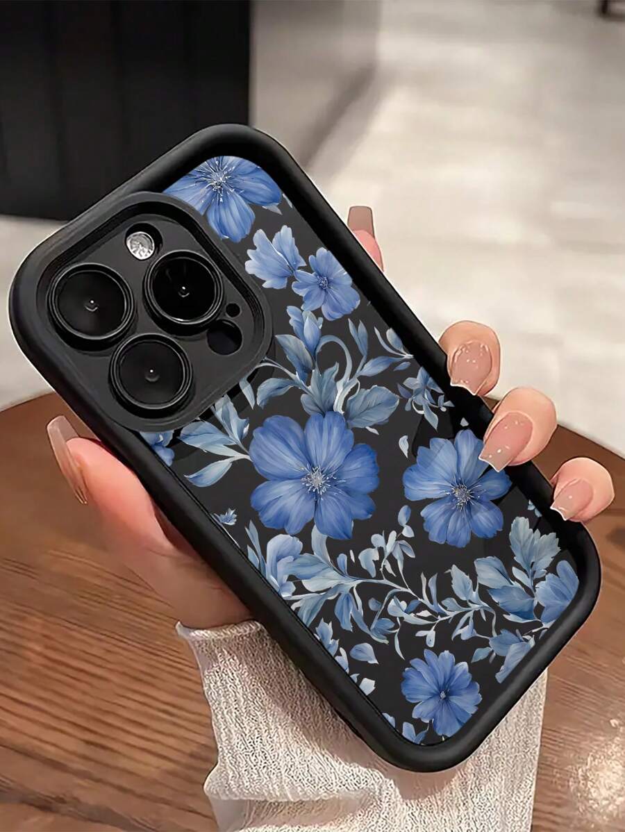 Bloem 1pc Blauw Bloemenpatroon Beschermhoesje Compatibel met iPhone 15, iPhone 14 Pro Max, iPhone 16, iPhone 16 Pro, iPhone 13, iPhone 14, iPhone XR, iPhone 15 Pro Max, iPhone 11, iPhone 12, iPhone 11 Pro, Schokbestendige zachte telefoonhoes met volledige dekking