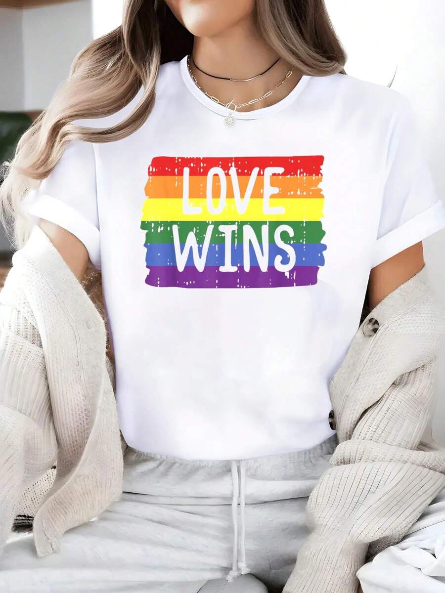 Love Wins Funny Rainbow Flag Gay LGBT Pride Support Gift T-Shirt - Women's 100% Cotton Casual Short-Sleeved Crew Neck T-Shirt For Spring And Summer - Comfortable, Relaxed Fit, Printed Graphic Tee