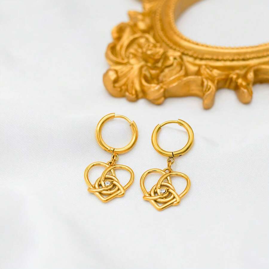 1 pièce Set de boucles d'oreilles clous et collier pendentif cœur en acier inoxydable plaqué or 18 carats avec zircone cubique et forme étoile octogonale à la mode