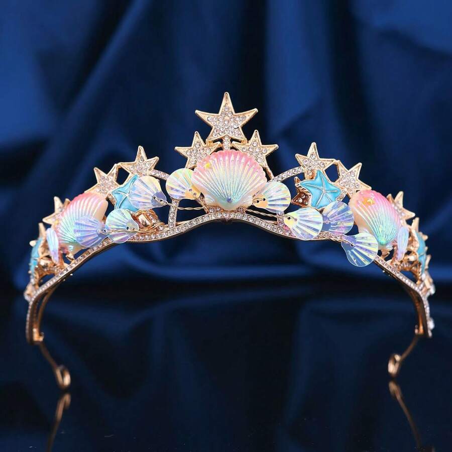 Corona nupcial, diadema con corona de escamas de sirena, concha y estrella de mar estilo barroco, accesorios para el cabello de princesa para boda, fiesta y Halloween