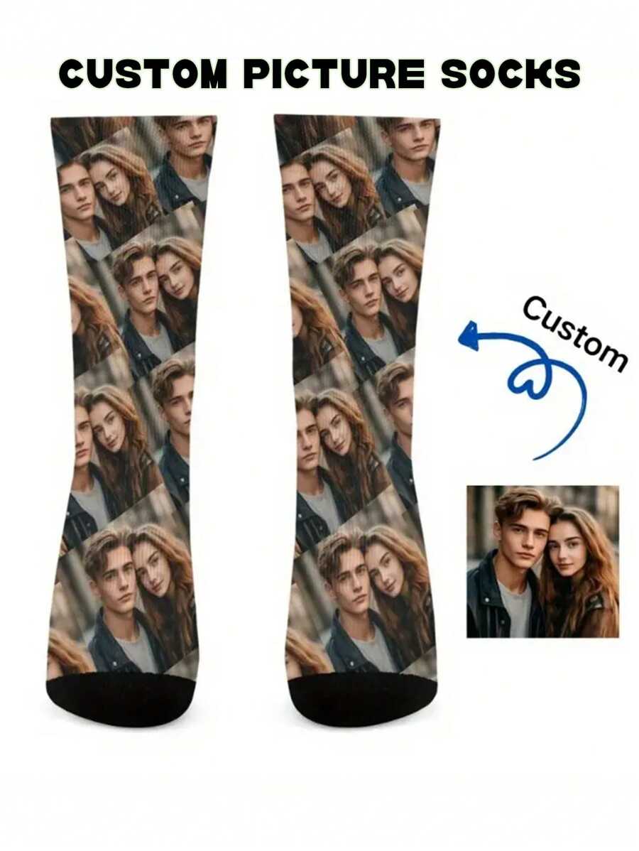 Chaussettes personnalisables avec photo imprimée, chaussettes personnalisées avec portrait de couple à disposition d'image multiple, chaussettes de sport respirantes et confortables, chaussettes de mode anti-humidité pour le fitness, le basketball et la course à l'extérieur