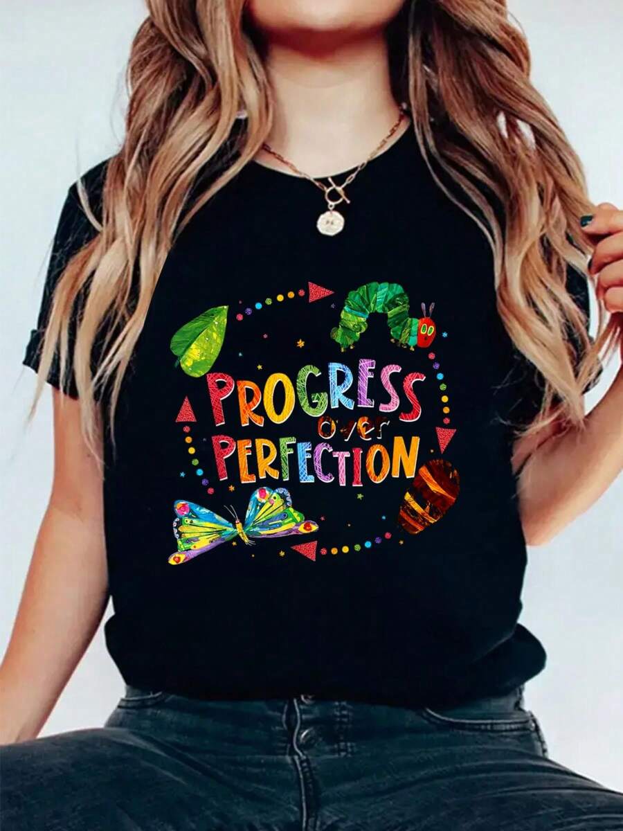 Progress Over Perfection Caterpillar Back To School Teacher T-Shirt Print Cotton T-Shirt For Summer, Women's Soft Short Sleeve Top, Stylish Comfy Tee For Women Graphic Tees
