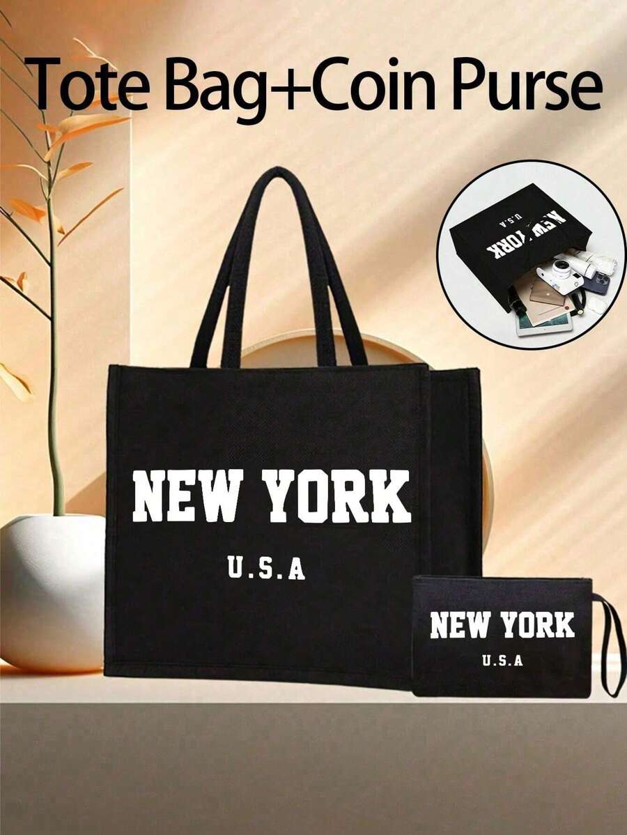 "NEW YORK" Lettering Printing Tote Bag And A Printed Small Bag,Personalized Gift Package,Linen Black Tote Bag With Black Buckle, Black Handbag, Shoulder Bag, Commuting Bag,Combination Of Small And Large Bags, Suitable For Weddings, Birthdays, Beaches, Holidays, Making It The Perfect Gift For Women, Mothers, Teachers, Friends, Bridesmaids, Big Bags, Students, And Returning To School,Christmas, Thanksgiving, And New Year Gifts