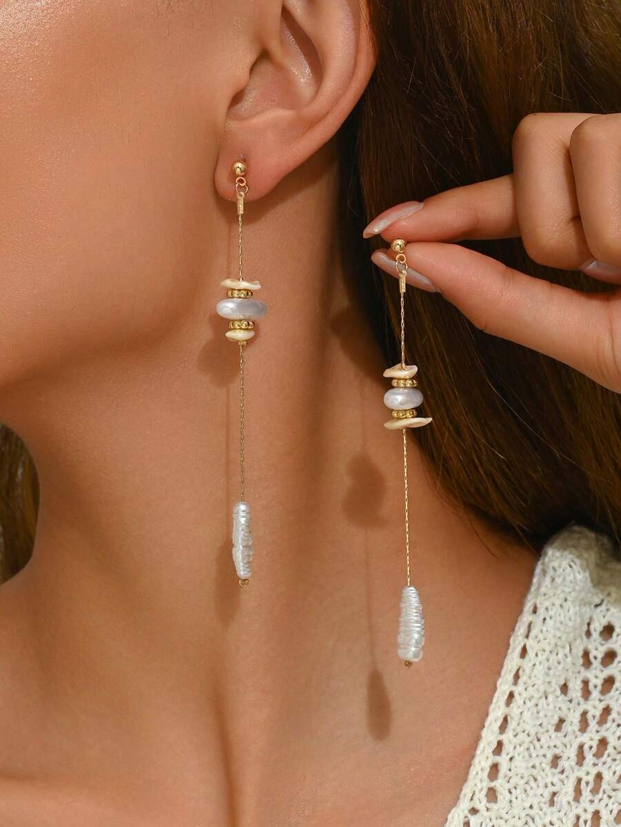 2Pcs Elegant&Quality Textured Faux Pearl Pendant With Layered Copper Chain Tassels, Jewelry Gift For Women Party/Holiday Wear