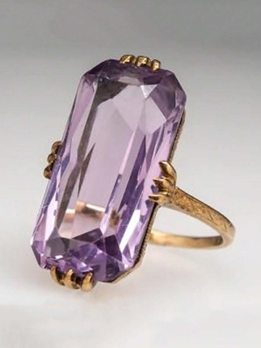 1pc Elegant Rectangle Purple Cubic Zirconia Ring, Luxury Promise Finger Rings For Women, Suitable For Wedding Engagement Party Daily Wear, Jewelry Gift For Birthday Anniversary Valentine's Day
