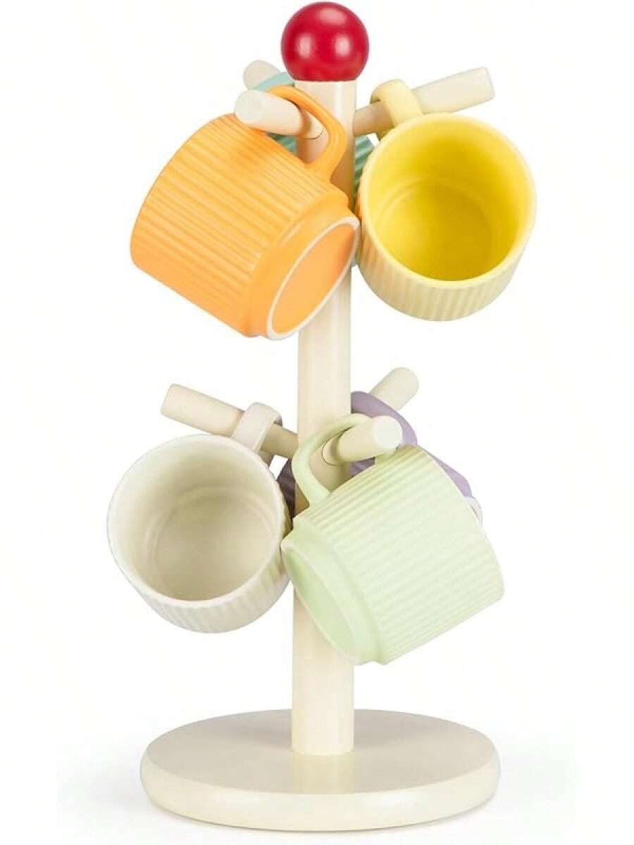 Coffee Mug Holder, Wood Mug Holder, Mug Tree With 6 Hooks Stand For Countertop, Mugs Organizer Coffee Bar Accessories And Decor Coffee Organizer Station, Cream(MH371)