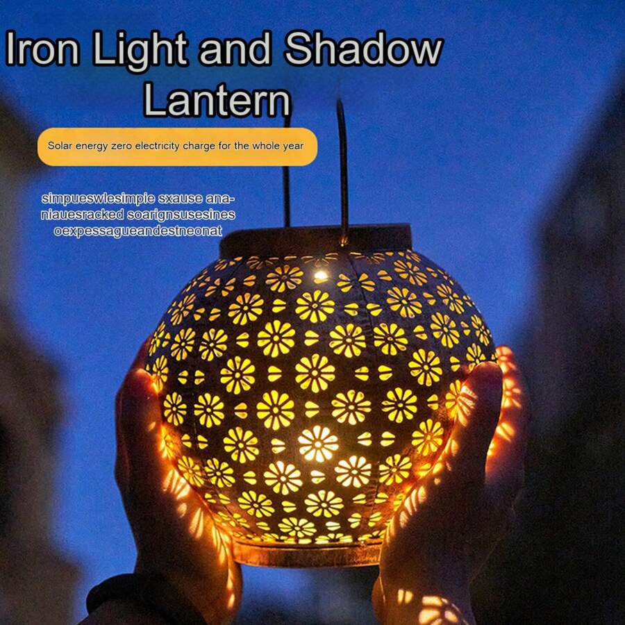 1pc Solar Powered Iron Lantern With Hollow Design - Multifunctional Outdoor Decoration Suitable For Garden, Patio, Balcony And Lawn - Energy Saving, Easy Installation, Creating Holiday Ambience