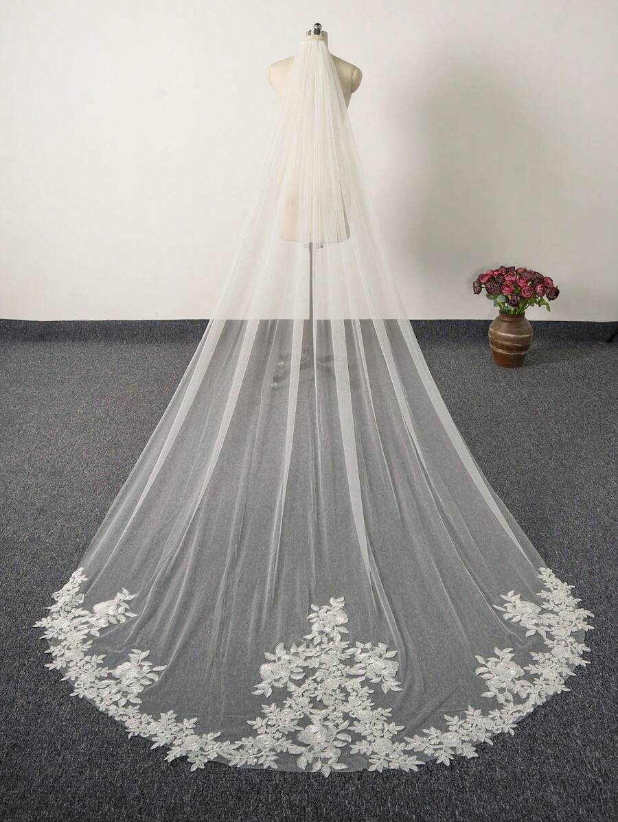 1 Pc Cathedral Long 3M(118inch) Floral Lace Wedding Bridal Veil With Metal Comb For Bride Party Prom White Ivory