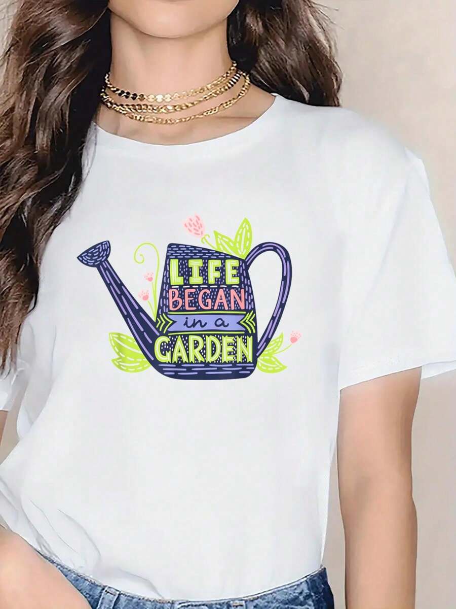 Gardening Flower Life Began In A Garden Gift For Gardener T-Shirt - Short Sleeve, Casual, Breathable, Comfortable, Summer & Spring Essential - Women's Clothing, Short Sleeve 100% Cotton T-Shirt For Ladies