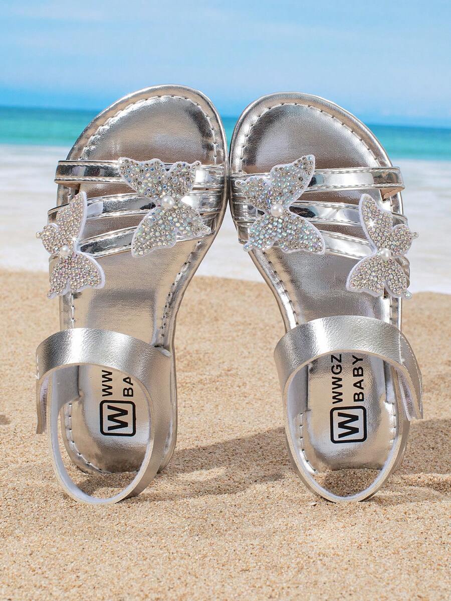 Summer Girls Elegant Sandals, Butterfly Decor, Round Toe Flat Open Toe, Silver Princess Roman Shoes, Stylish For Resort Beach Walking