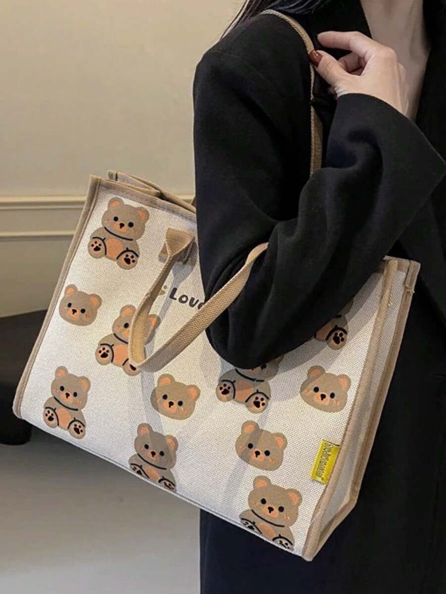 1pc Portable Canvas Mummy Bag, Versatile Large Capacity Mummy Diaper Bag, Cartoon Cute Bear Print Handbag, Casual Commuter Tote