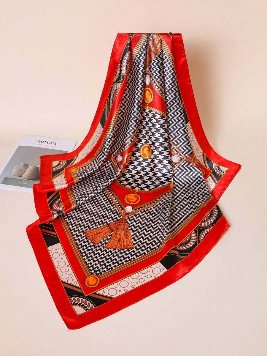 1pc Women's Elegant Simple Houndstooth Print 90cm Satin Square Scarf, Suitable For Casual Wear And Street Styling As Scarf, Headband Or Headwrap