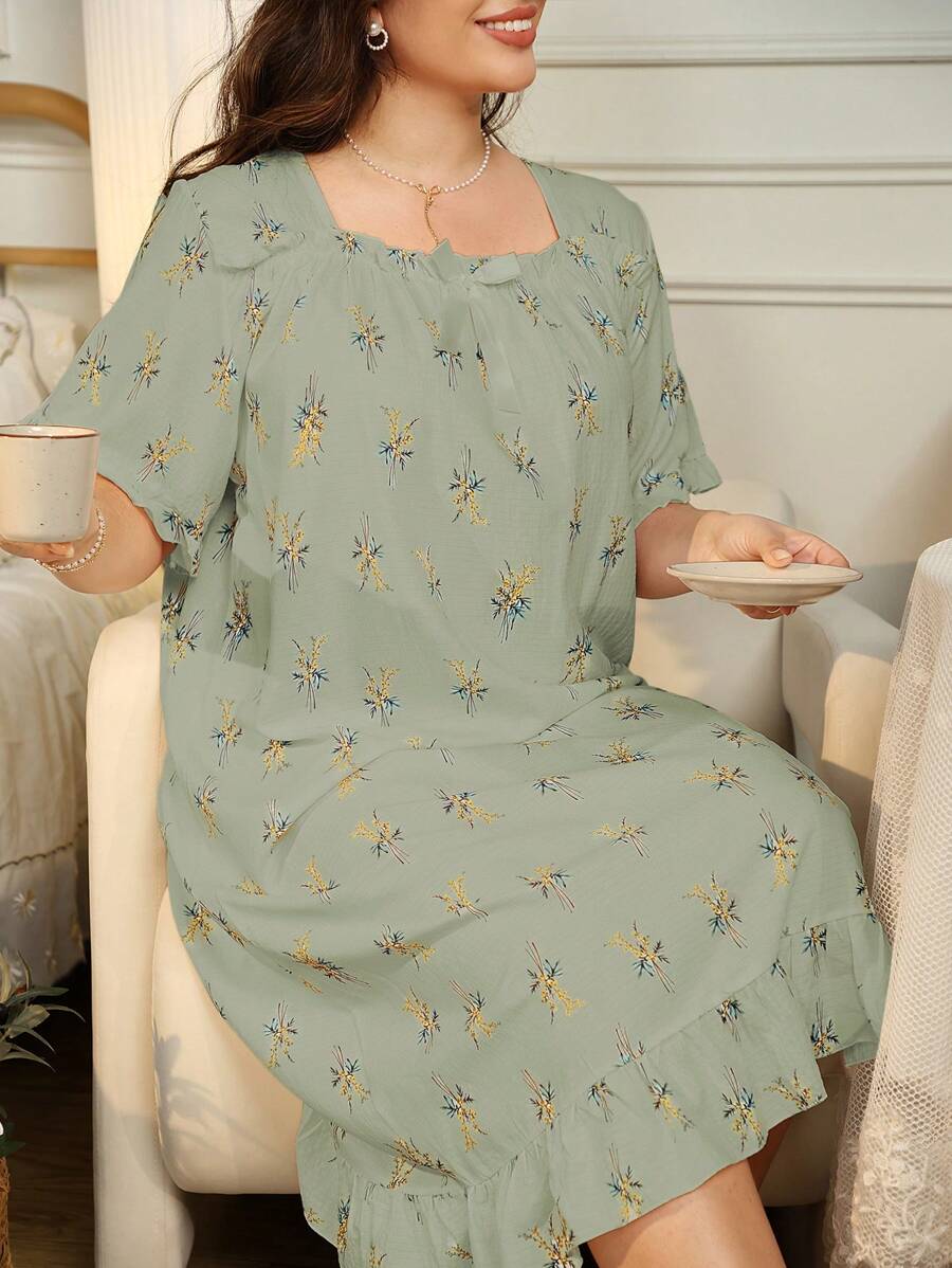 Pijama RS de talla grande para mujer, con estampado de rosas, de gasa con volantes y cuello cuadrado, Camisón, vestido largo para vacaciones