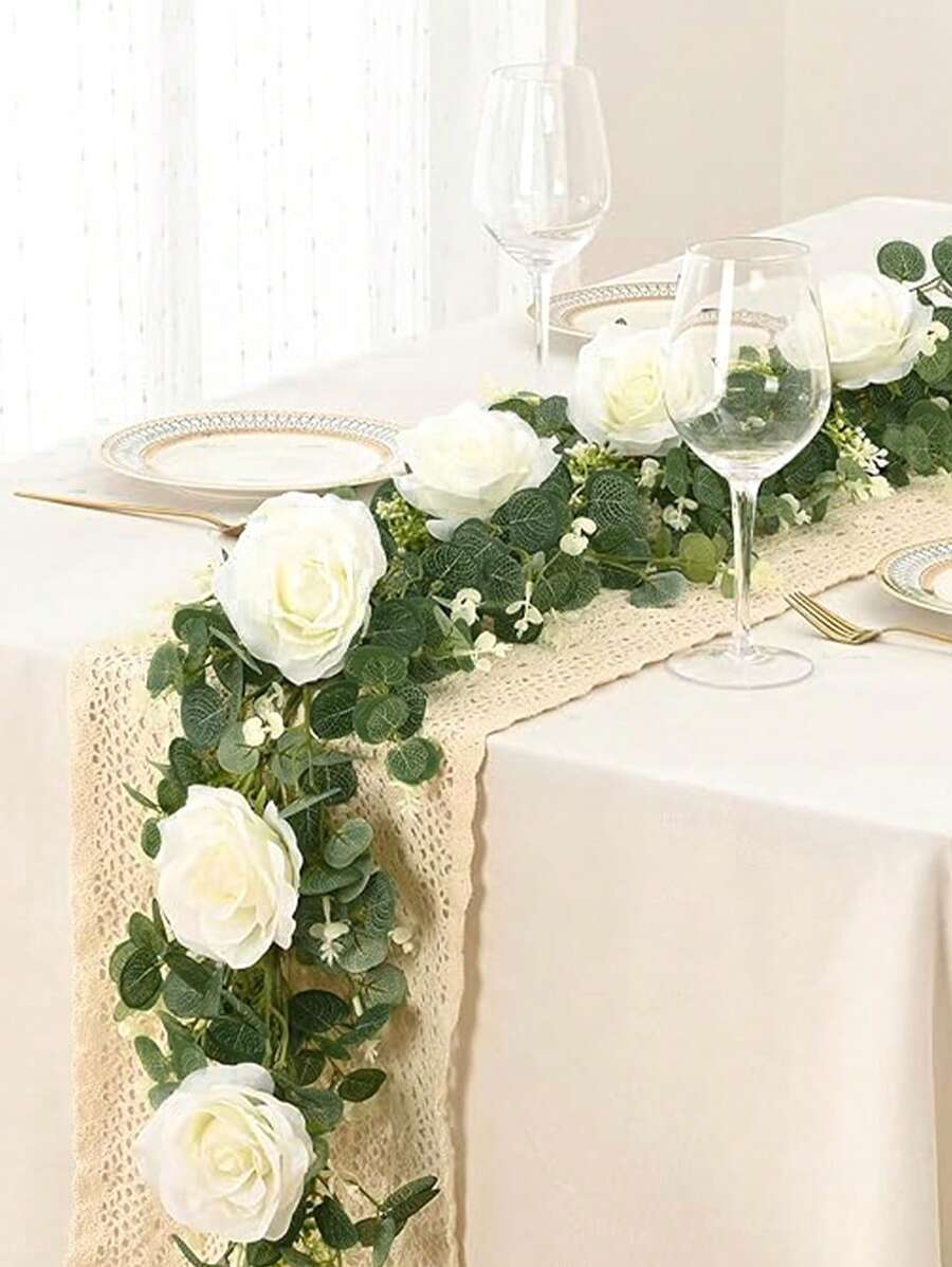 1pc 180cm Artificial White Rose Vine Garland , White Simulation Rose Vine, Holiday Birthday Wedding Party Background Decoration, Wedding Table Garland Decoration, Dining Table Cabinet Bar Staircase Decoration, Room Centerpiece Backdrop Decoration Rose Vine, Room Decoration Home Decoration, Outdoor Patio Arches Garden Railing Wall Decoration, Valentine's Day, Mother's Day Gift