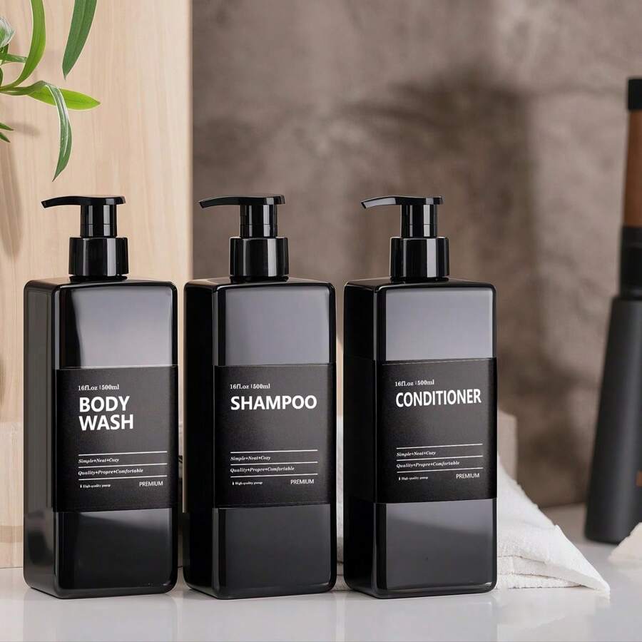 LEAPAIR 2/3pcs 500ml/16.9oz Black Square Shampoo Shower Gel Cosmetic Bottles With Labels ,Plastic Refillable Pump Press Bottles Empty Reusable Soap Dispenser Bathroom Shower Containers For Body Wash Shampoo Conditioner Lotion