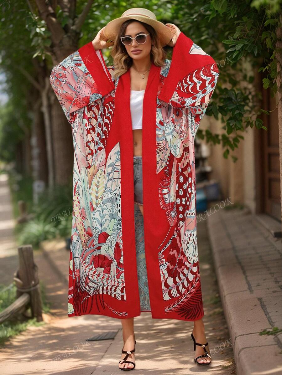 Boho Kimono Women's Plus Long Sleeve Open Front Loose Beach Kimono Cover Up