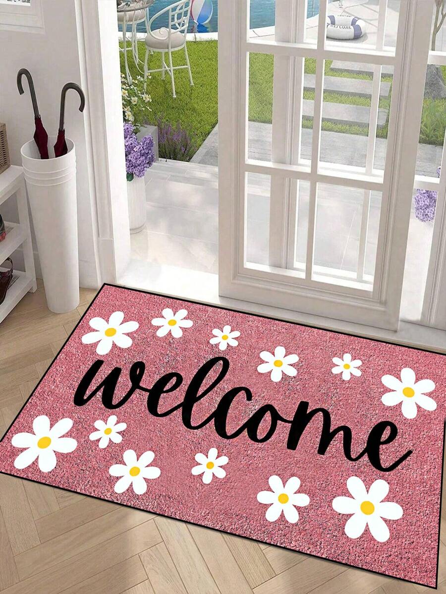 1pc Pink Background Welcome Floral Design Doormat, Minimalist Style Indoor/Outdoor Non-Slip Mat, Washable, Water Absorbing, Quick Drying, Suitable For Kitchen, Dining Room, Hallway, Bathroom, Bedroom, Outdoor, Entryway, Home Decor, Room Decor, All Season Gifts Birthday Graduation Rug Carpet Rugs Door Mat Carpet For Living Room Kitchen Rug Bedroom Decor Blankets And Throws Rugs For Bed Room Bathroom Decor Room Decoration Stuff Living Room Decor Office Decor House Decor Home Decor Living Room Bathroom Rug Room Decor Aesthetic