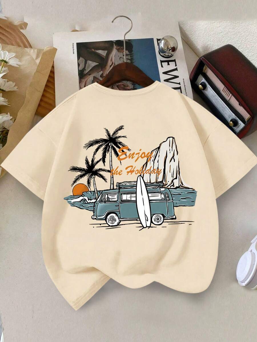Camiseta de cuello redondo con estampado de playa para niño preadolescente, camiseta casual de verano para niños, camiseta suave