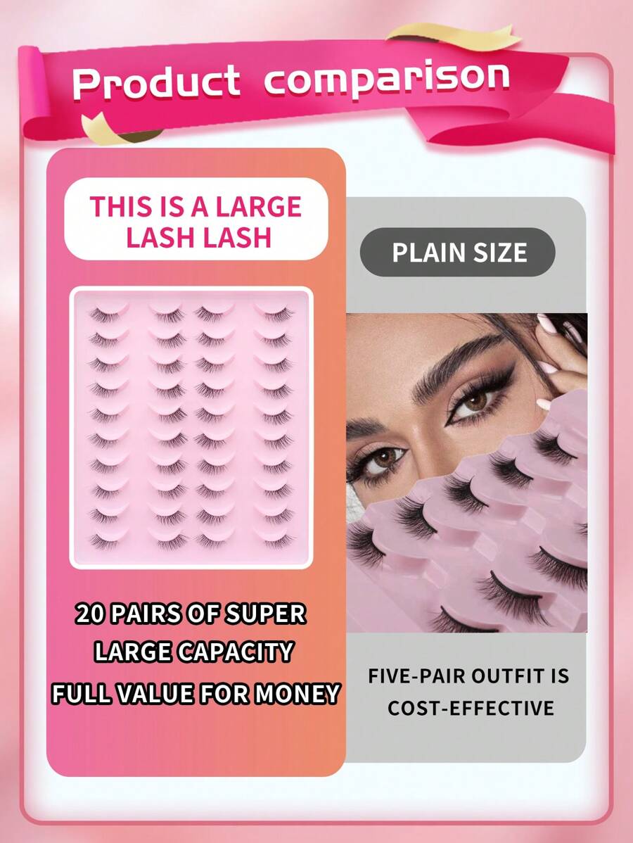 20 Pairs Cat Eye False Eyelashes 3D Fluffy Mink Effect - Mixed Lengths 5-7-10mm, Natural Wispy Lashes For Daily, Party, Extended Volume Black Stripes Half Lashes Set
