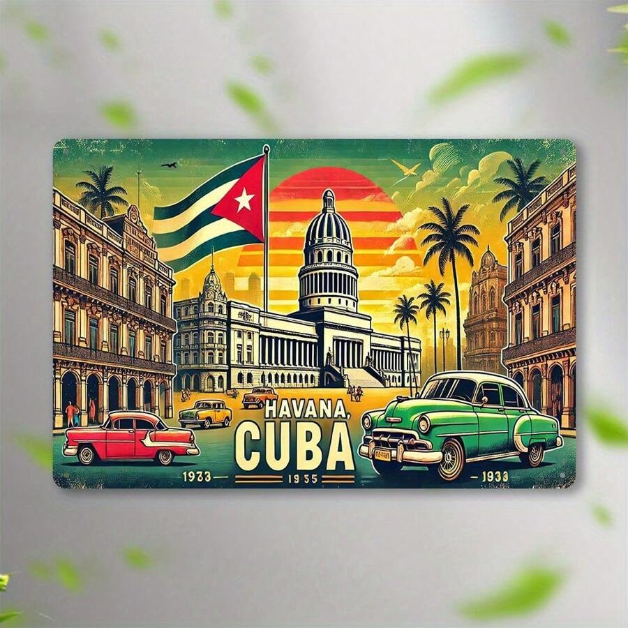 Letrero de metal vintage de La Habana - Arte de pared retro con coches clásicos y el Capitolio, 19.81x29.97 cm, placa de hierro colgante para interiores/exteriores para decorar el hogar, oficina, bar, cafetería, garaje, decoración de pared de metal, perfecto para la decoración de la habitación